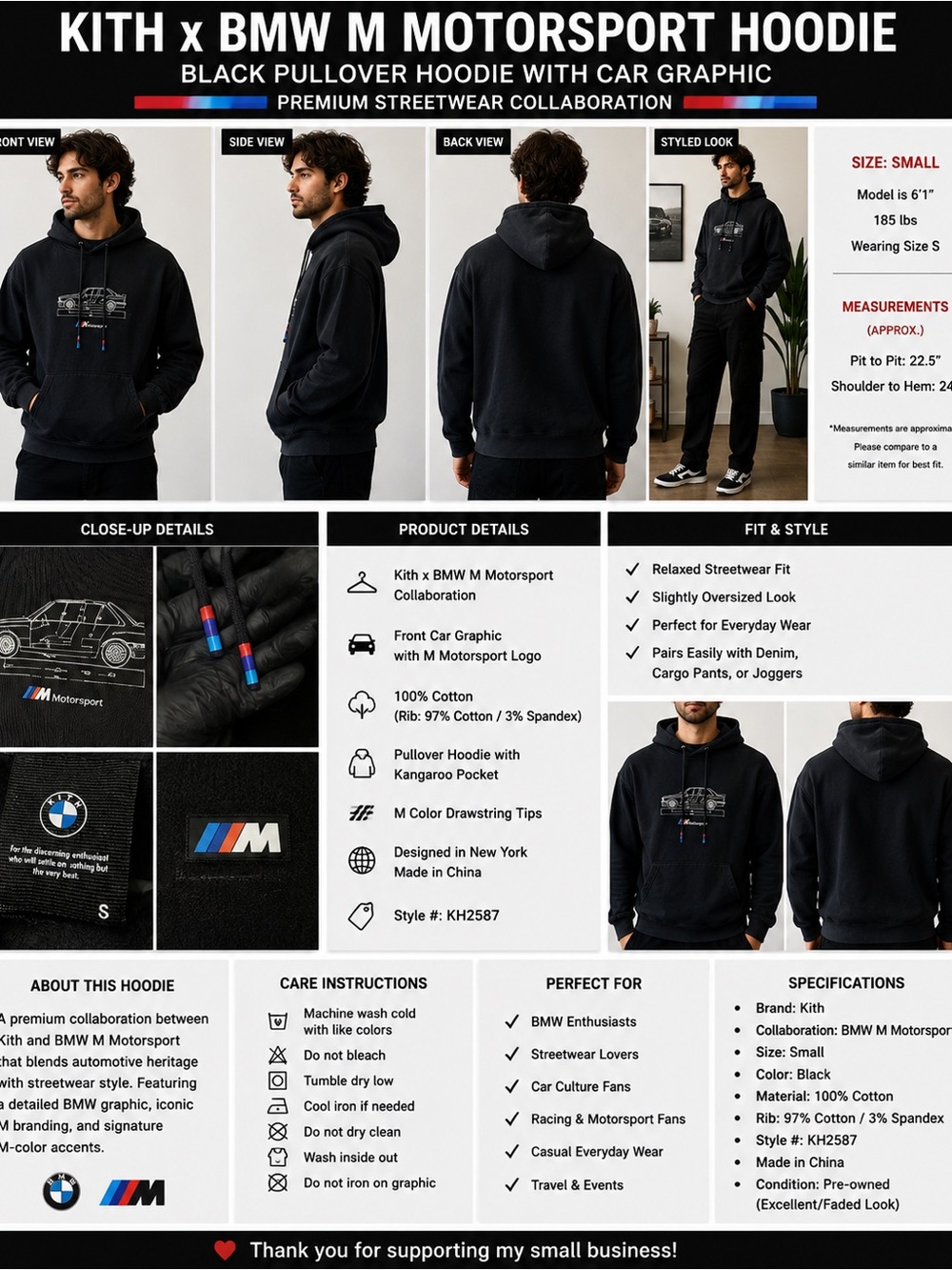 Kith x BMW M Motorsport Hoodie Black Car Graphic Pullover Men’s Size Small